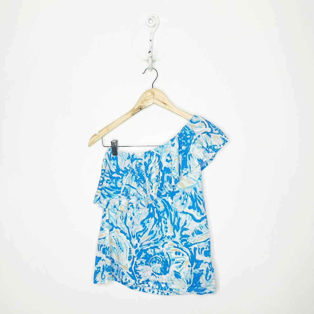 LILLY PULITZER Matteo Bennet Blue Salty Seas One Shoulder Top ruffle womens XXS